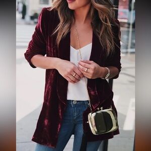 Velvet Open-Front Blazer Jacket - Burgundy